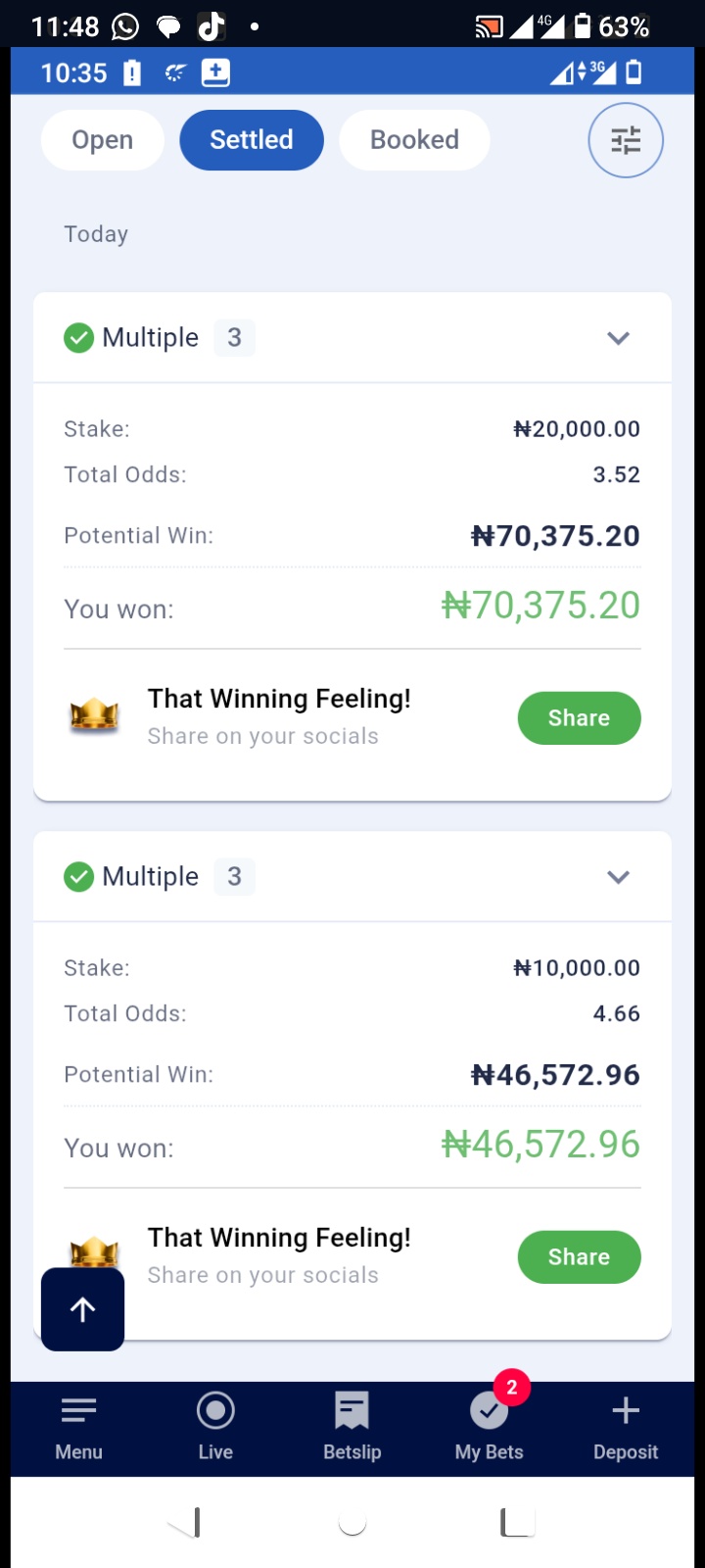 Settled winning bet slip screenshot 1